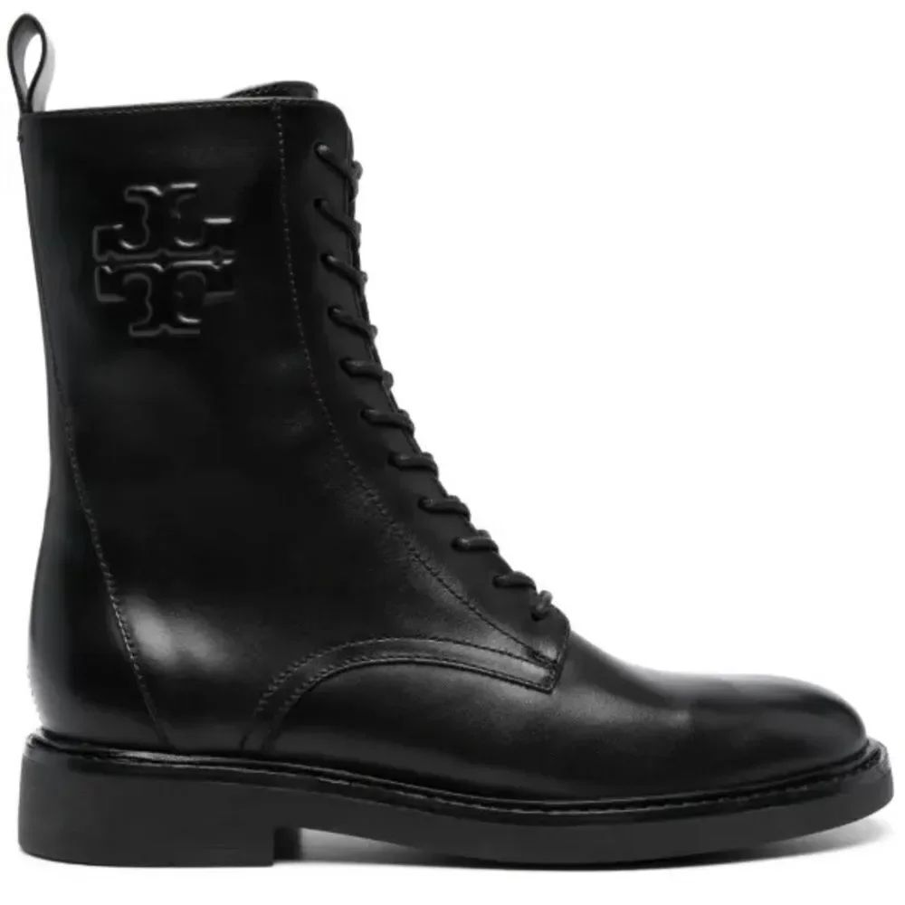 Tory Burch Double T combat Black Leather Lace-Up women’s Boots Size 9.5